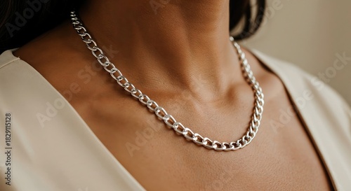 A stylish silver chain necklace elegantly drapes around the neck of a person, complemented by a soft light beige garment, showcasing modern jewelry fashion with subtle lighting.