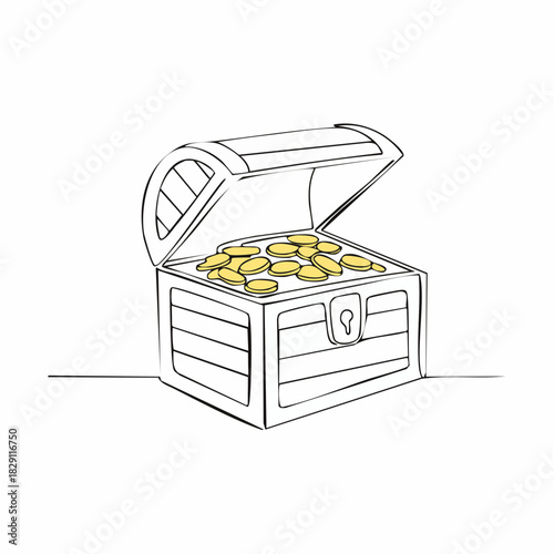 One continuous line drawing an open Treasure Chest. Pirates wooden box with golden coins in simple linear style.