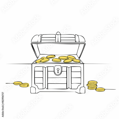 One continuous line drawing an open Treasure Chest. Pirates wooden box with golden coins in simple linear style.