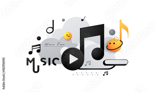 Fun music concept vector illustration with a large play button, musical notes, and cute emoji characters. Perfect for streaming platforms, entertainment apps, podcasts, and digital media promoting