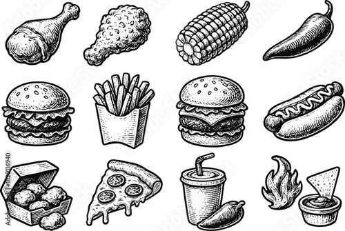 Vintage hand-drawn fast food illustration set with burgers, fries, chicken drumsticks, pizza slice, hotdog, corn, nuggets, drink and chili