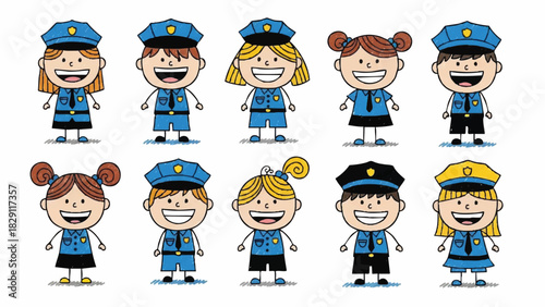 Diverse Group of Cheerful Cartoon Children Dressed as Police Officers
