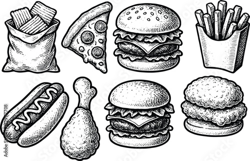 Vintage hand-drawn fast food illustration set featuring burgers, pizza slice, fries, hotdog, chicken drumstick and crispy snacks in sketch style