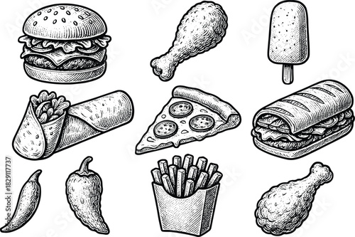 Vintage hand-drawn fast food illustration set featuring burgers, wraps, pizza slice, fries, drumsticks, sandwiches and treats in classic sketch style