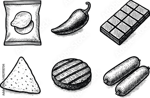Vintage hand-drawn snack illustration set with chips pack, chili pepper, chocolate bar, nacho chip, burger patty and sausages