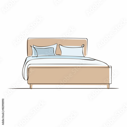 Continuous one line drawing of double bed in bedroom. Modern interior and heim furniture in simple Linear style.