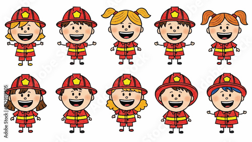 Diverse Group of Smiling Cartoon Children Dressed as Firefighters for Safety Education