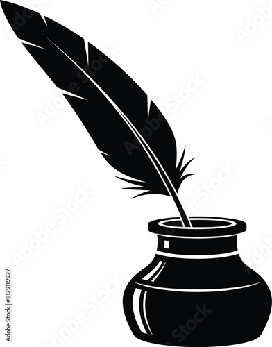 Vintage quill pen in inkwell silhouette writing illustration classic history literature education symbol vector