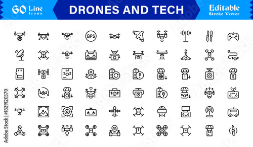 Drones and tech line icon set featuring pixel-perfect editable icons in a modern, minimal style perfect for technology, innovation, and aerial themes.