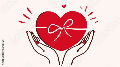 Vector Illustration of Hands Gently Holding a Red Heart Gift with a Bow, Symbolizing Love, Care, Donation, and Compassion