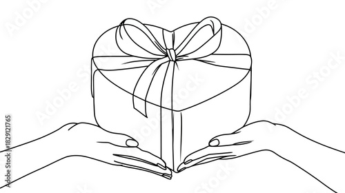 Black and white line art illustration of hands holding a heart-shaped gift box with a bow, symbolizing love, romance, and celebration.