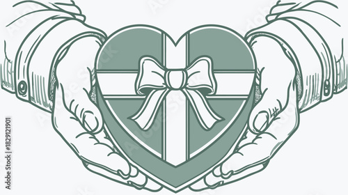 Black and white line art illustration of hands holding a heart-shaped gift box with a bow, symbolizing love, romance, and celebration.