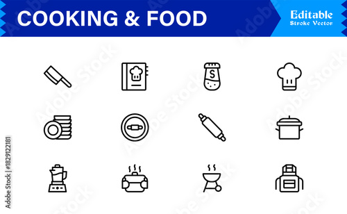 Cooking And Food Line Icon Set – Professional Minimal Kitchen Symbols, Modern Restaurant And Grocery Line Icon Collection
