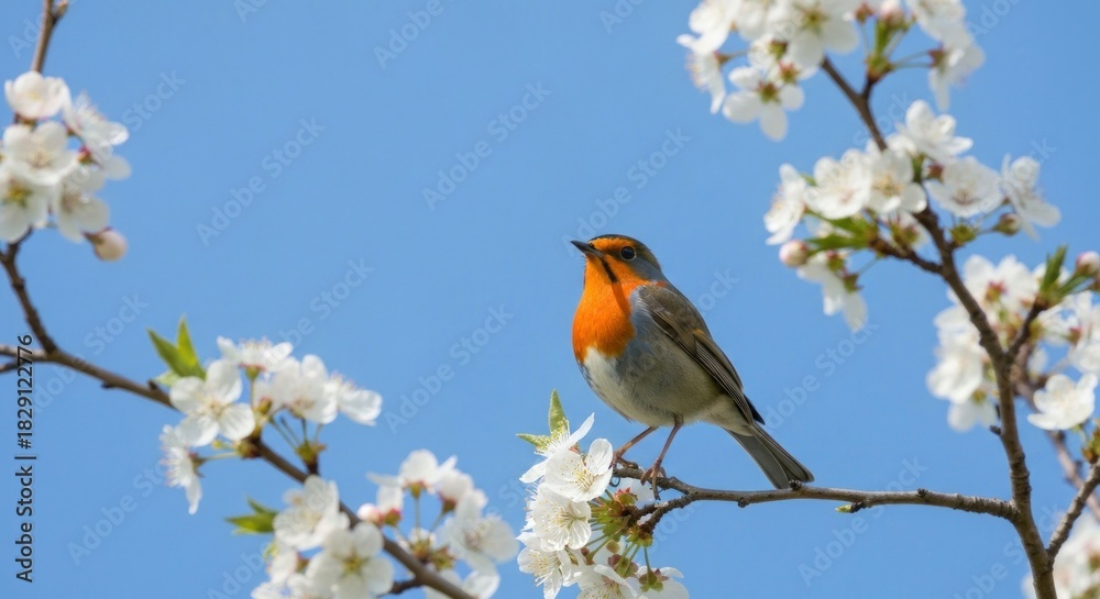 Naklejka premium A vibrant robin perched on a branch, framed by blooming white flowers