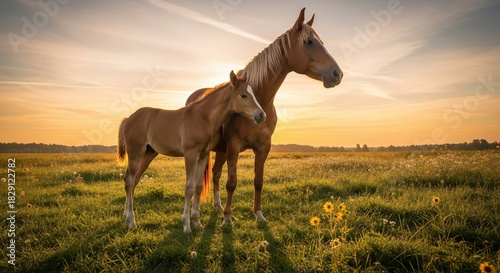 Mare and Foal in Golden Light - A Serene Equine Portrait.
