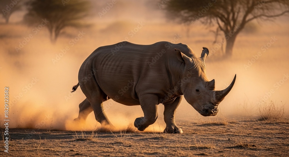 Fototapeta premium Powerful White Rhinoceros Charging Through Dusty African Landscape.