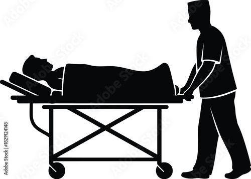 Paramedic transports patient on stretcher emergency medical care service healthcare silhouette vector