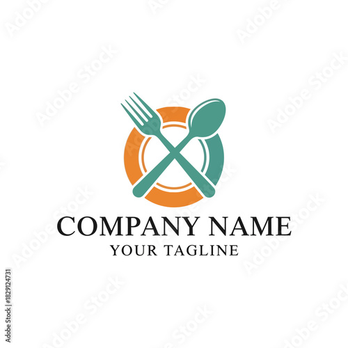 Restaurant Logo Design with Crossed Fork and Spoon on Plate.