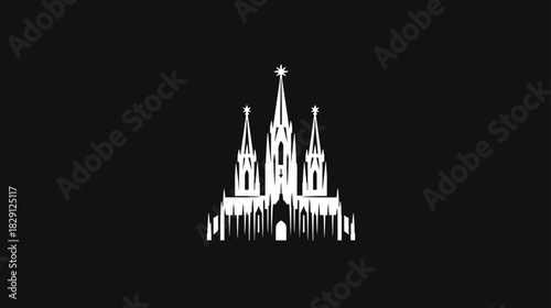 Gothic style cathedral silhouette on black background, intricate spires, religious architecture icon, minimalist design.