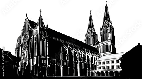 Historic Gothic Cathedral Architecture Vector Illustration. Detailed Church Building Silhouette in Black and White.