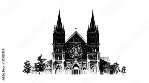 Detailed Gothic Cathedral vector illustration in black and white. Historic religious building with towering spires and rose window.