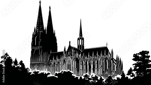 Ornate Gothic cathedral silhouette with towering spires and intricate architectural details, framed by trees. Historic European church illustration.