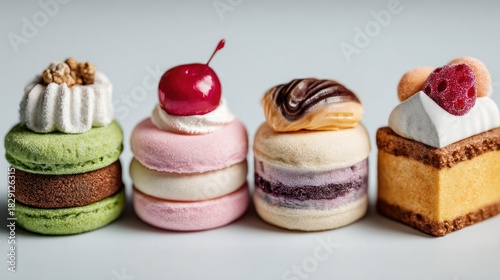 Exquisite Selection of Miniature Cakes and Macarons Presented in Vibrant Hues