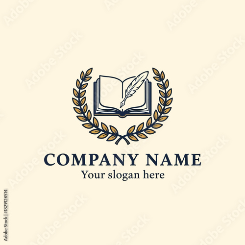 Classic educational logo with an open book and quill pen inside a laurel wreath.