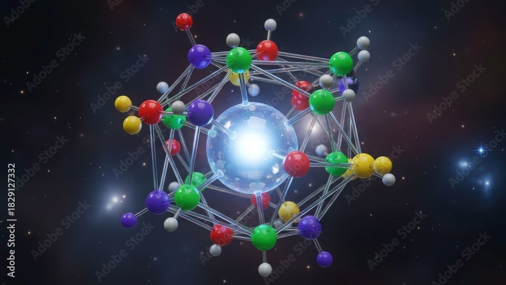 Fototapeta premium Molecular Cosmos: A luminous molecular structure floats amidst a backdrop of stars and galaxies, representing the intricate building blocks of the universe and the wonders of science.