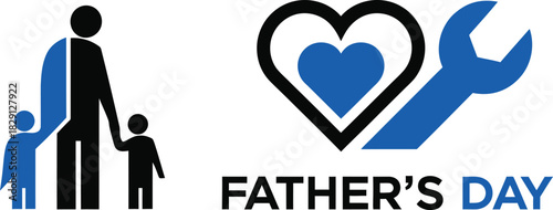 Father's Day logo with father and child holding hands and heart wrench vector illustration