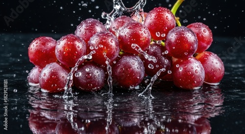 Red Grapes Cluster Splashing with Water Droplets on a Dark Reflective Surface, Fresh Fruit and Dynamic Motion