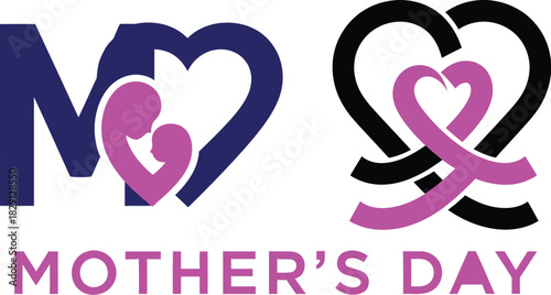 Mother's Day logos with mother and child silhouette and ribbon family love