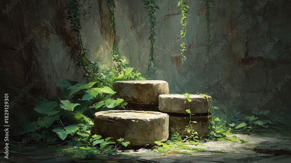 Fototapeta premium Enchanting stone podiums nestled in lush greenery create a captivating scene perfect for showcasing organic beauty and natural elegance