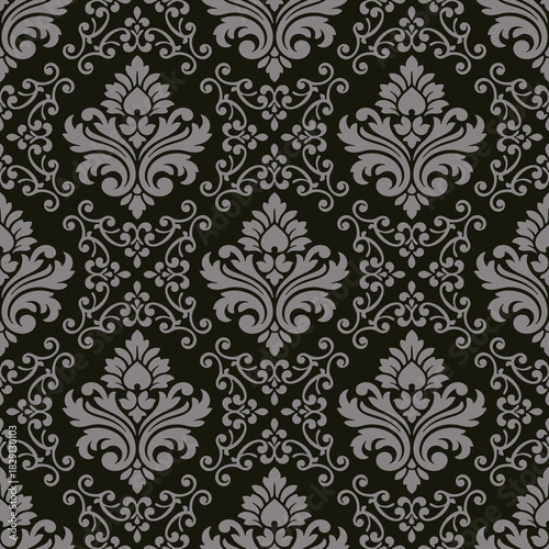 Gray damask floral seamless pattern on black background, a refined gray damask floral pattern designed as an elegant damask floral seamless style for luxury wallpaper and textile decor.