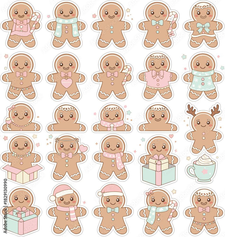 Fototapeta premium Cute Gingerbread Characters Vector Sticker Set, Pastel Christmas Sweets Man and Woman Collection