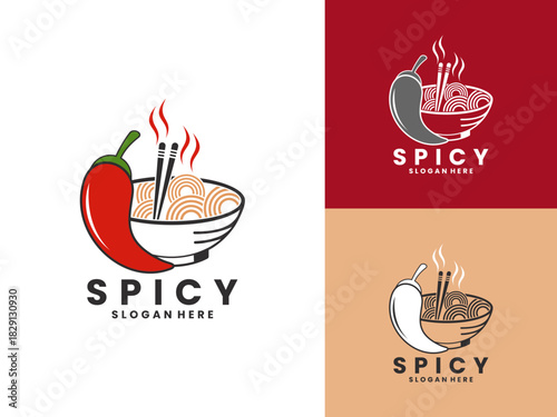 Spicy chili combination with Noodle illustration logo design vector. Spicy hot and noodle logo design vector template