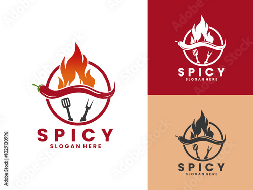 Spicy chili with barbecue tools logo design vector template. Spicy modern and simple logo design vector