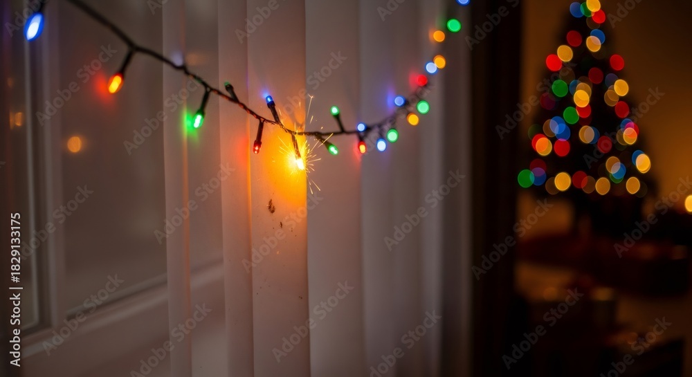 Naklejka premium Christmas light short circuit. Holiday decoration fire hazard. Electrical problem with festive garland for New Year safety and home accident prevention.