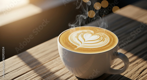 Hot cappuccino coffee cup with heart latte art on wooden table in cafe, morning breakfast concept.