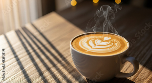 Hot cappuccino coffee cup with heart latte art on wooden table in cafe, morning breakfast concept.
