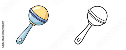 Vector illustration featuring a cartoon baby rattle with a yellow top and a blue handle and a black outline drawing of the same toy side by side