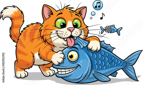 Funny cartoon orange cat licking large blue fish while dreaming about fish bone skeleton with music notes vector illustration.