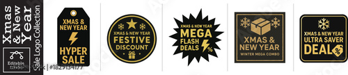 Christmas and New Year sale logo collection for promotional marketing campaigns featuring festive discounts and mega flash deals to boost sales dramatically