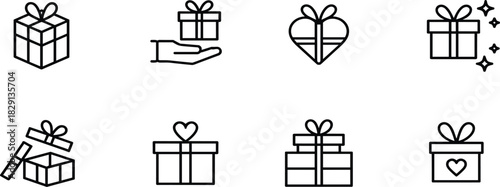 Set of Gift Box and Present Line Icons; Birthday, Anniversary, Shopping, Love, Celebration Vector Outline Symbols