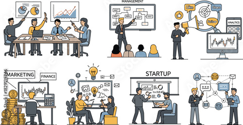 Vector illustration set showing business management, marketing strategy, finance, startup teamwork, networking, and analytics concepts for modern corporate presentation designs