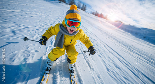 Excited young boy skiing downhill on a sunny winter day. Happy child in yellow ski suit and goggles having fun on a snowy mountain slope. Active winter sport and holiday vacation concept