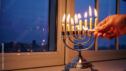 Hand lighting hanukkah candles on a menorah, illuminating the window at dusk, symbolizing a jewish tradition and celebration of the festival of lights
