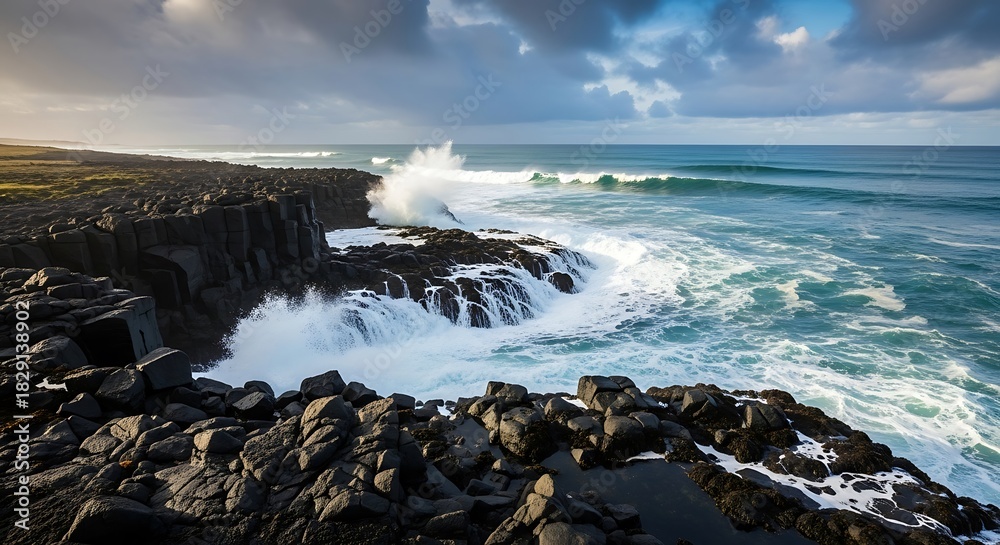 Obraz premium Dramatic seascape with immense ocean waves relentlessly crashing against rugged black volcanic cliffs, revealing nature's raw power