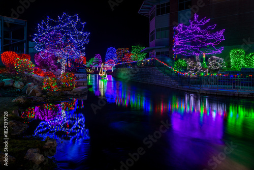 Beautiful Christmas lights and decorations along the Indian Creek in Caldwell, Idaho