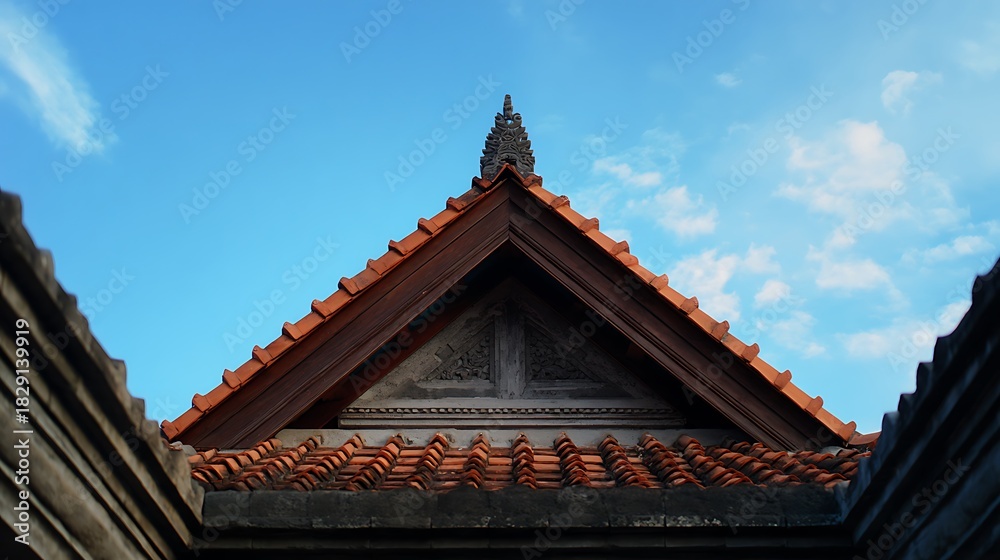 Naklejka premium Closeup of a traditional balinese temples triangular roof structure with detailed terracotta tiles and stone elements against a clear blue sky, highlighting architectural beauty